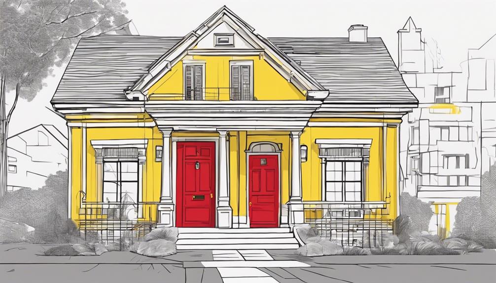 red door on yellow house