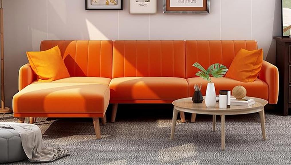 l shaped orange velvet sofa