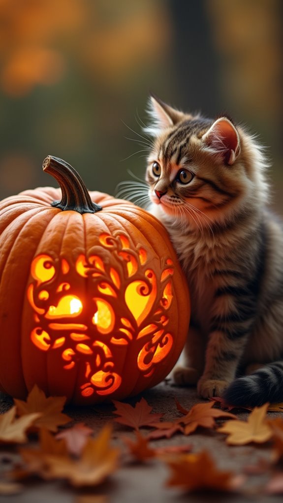 adorable cat beside pumpkin