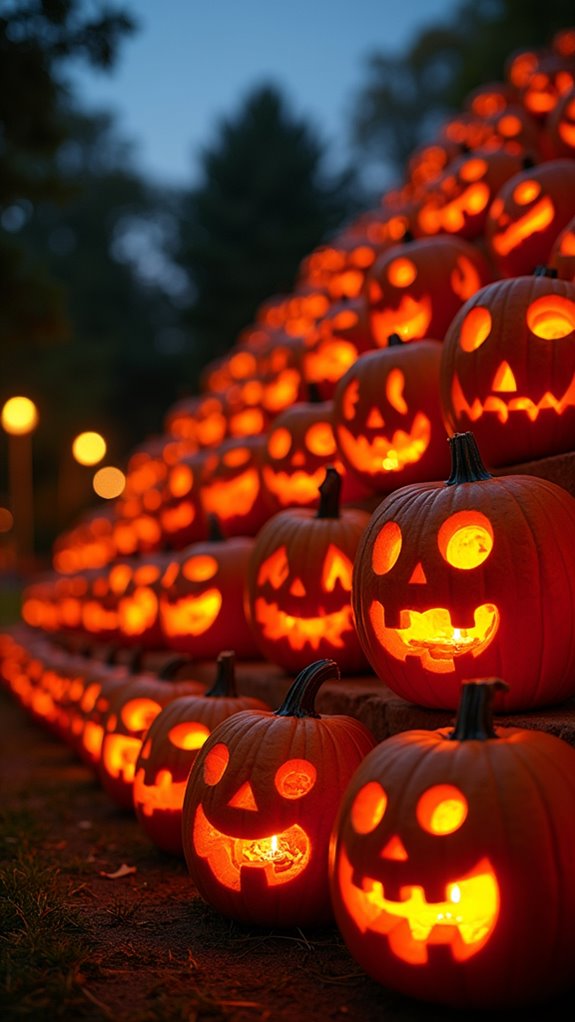 glowing pumpkin lanterns stacked