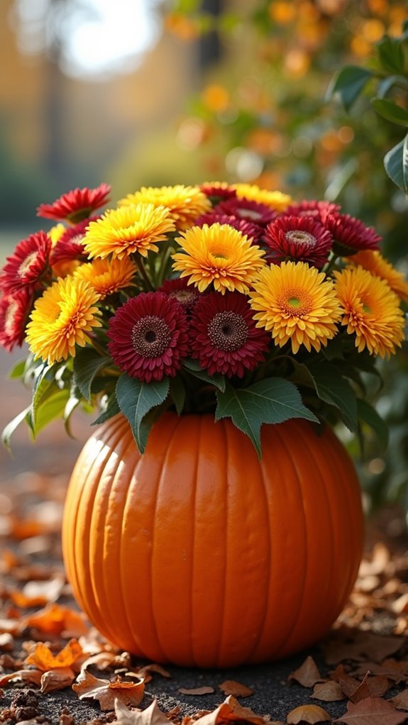pumpkin planters with flowers