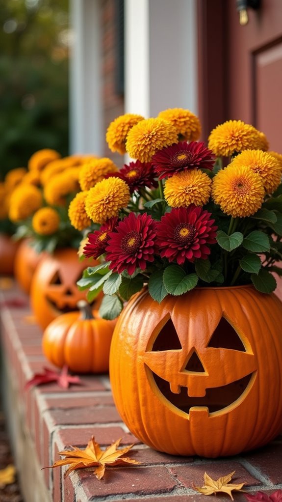 pumpkin planters with flowers