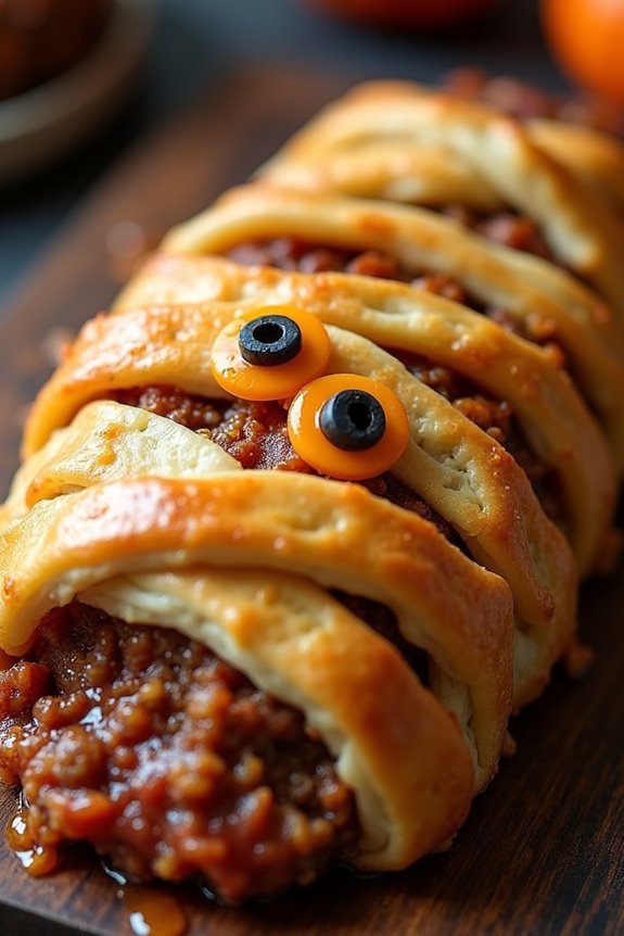 spooky mummy shaped meatloaf dish