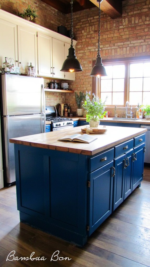 bold blue industrial kitchen