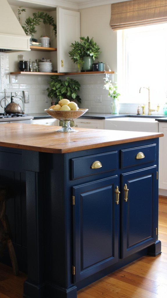 navy cabinetry with brass fixtures