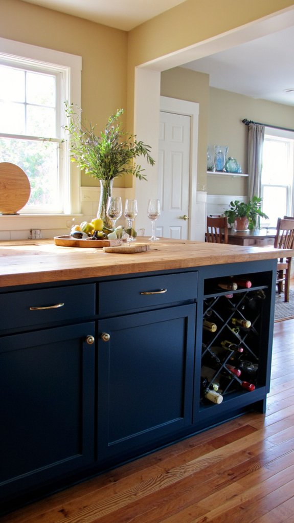 navy island with wine rack