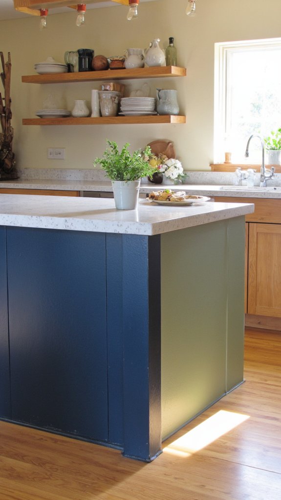 vibrant color blocked kitchen islands