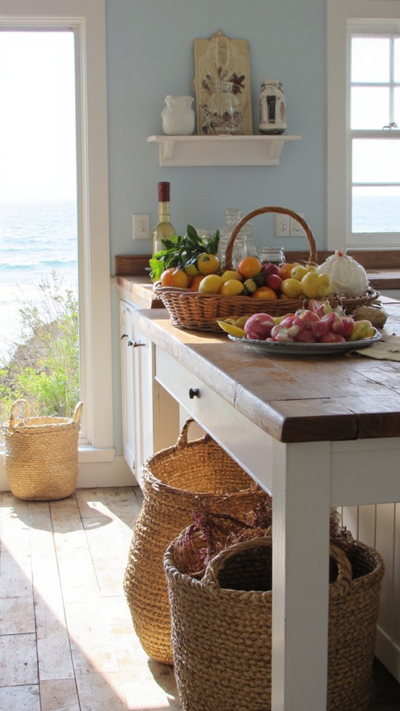 woven baskets enhance coastal kitchens
