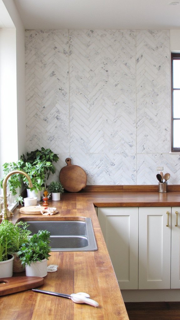 elegant marble herringbone backsplash