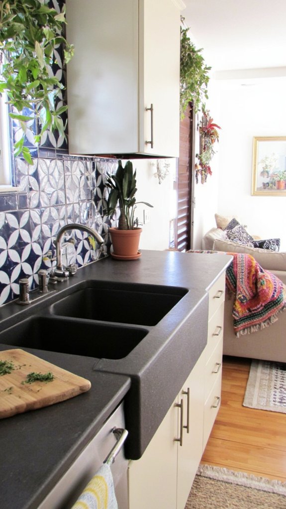 geometric tiles and matte countertops