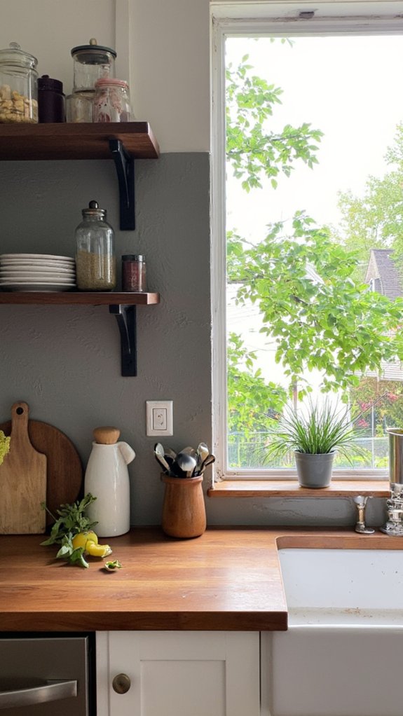 gray backsplash with open shelving