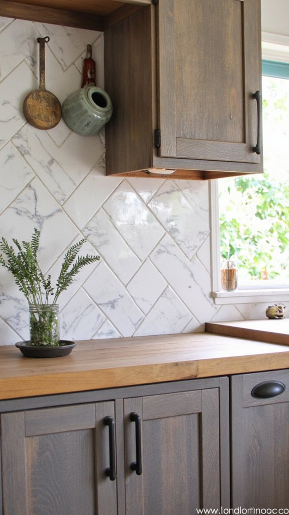 herringbone pattern kitchen backsplash