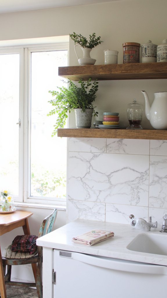 marble and open shelving