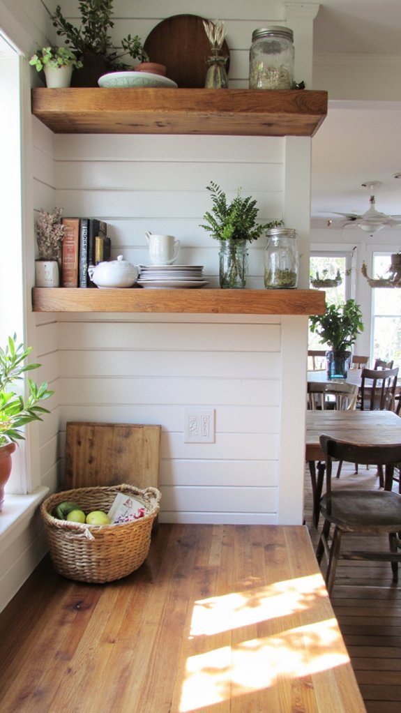 shiplap shelving enhances kitchen