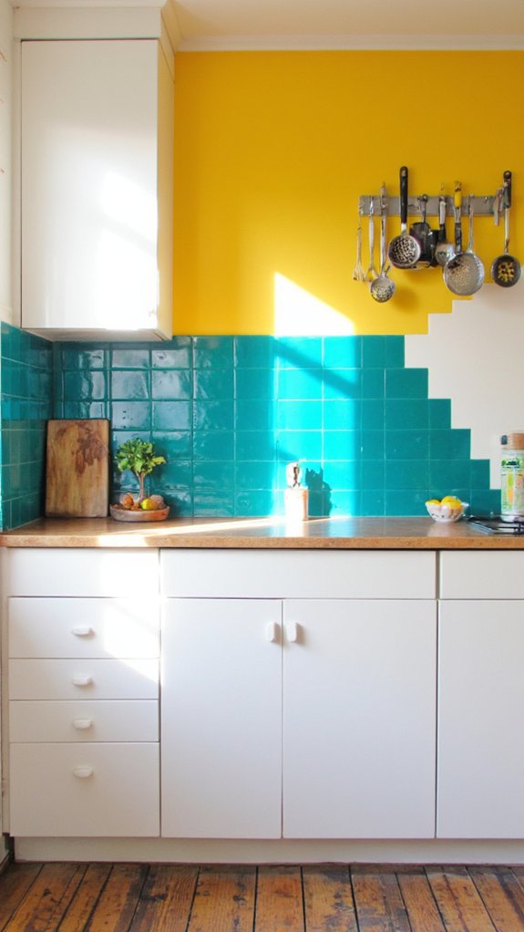 vibrant color blocked backsplash