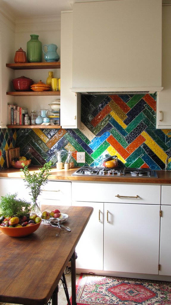 vibrant glass herringbone tiles