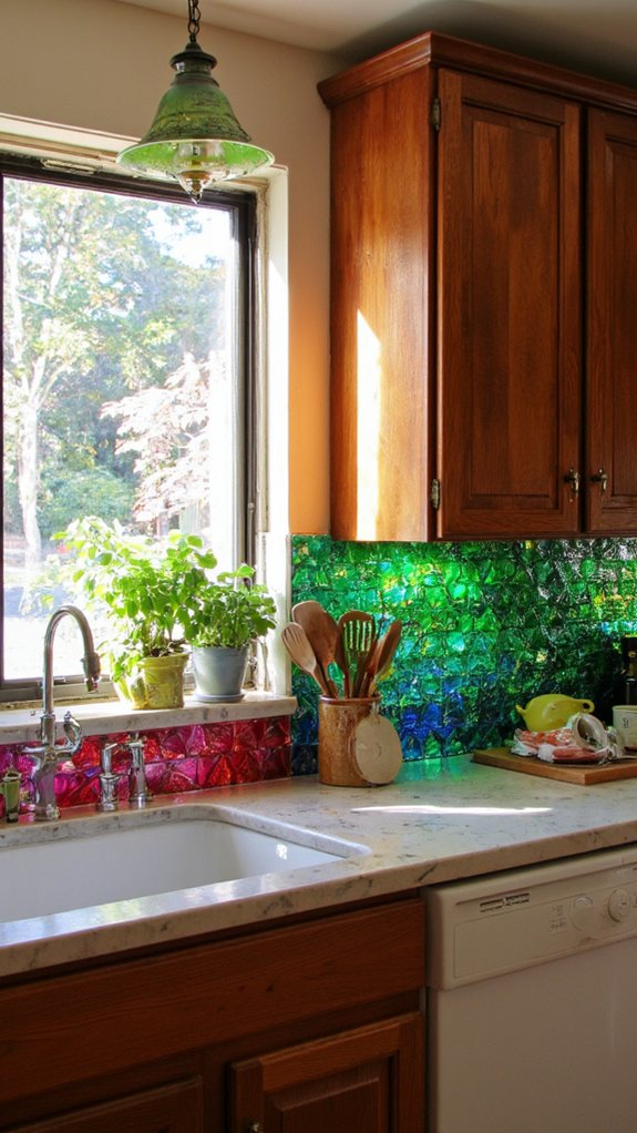vibrant reflective glass backsplashes