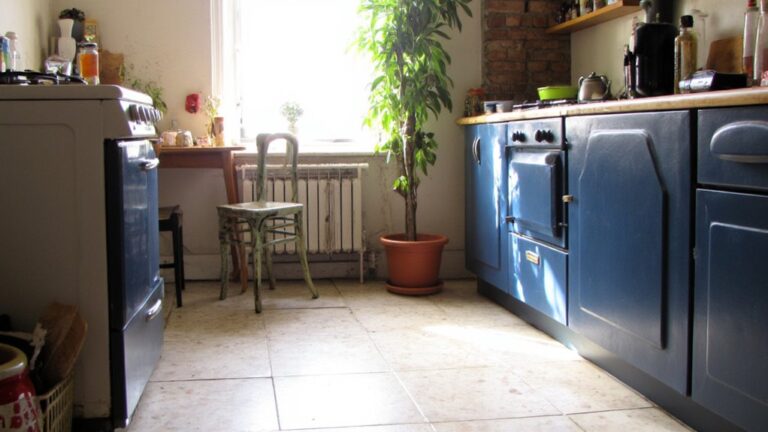 blue cabinets with fresh flooring