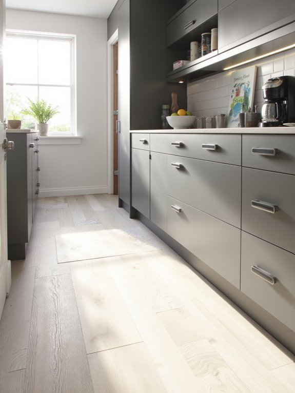 chic flooring enhances gray cabinets