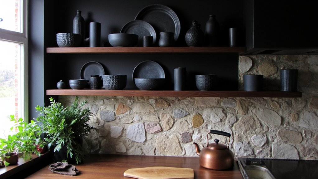 dark dishware open shelving