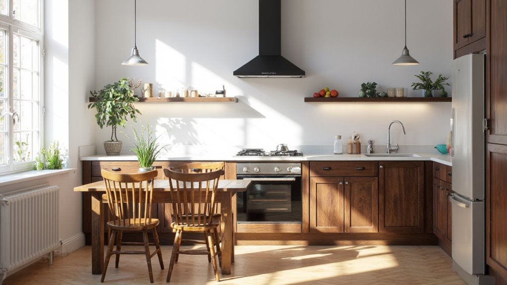 dark wood enhances light kitchens