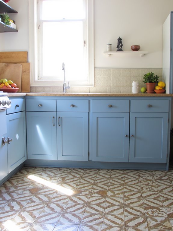 patterned tiles complement blue cabinets