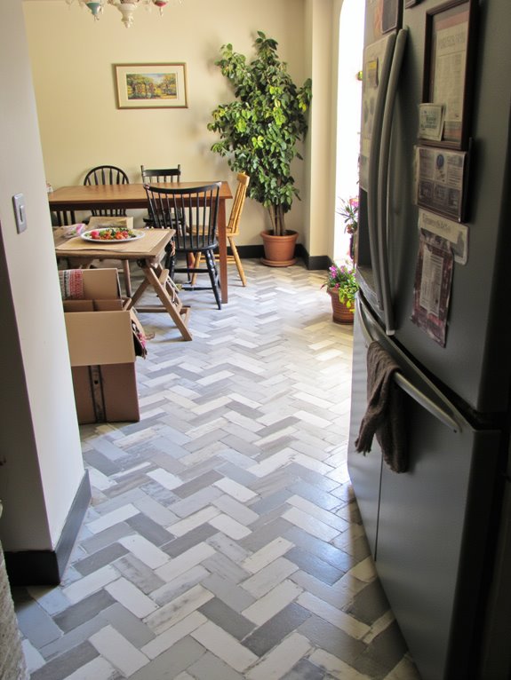 stylish herringbone kitchen flooring