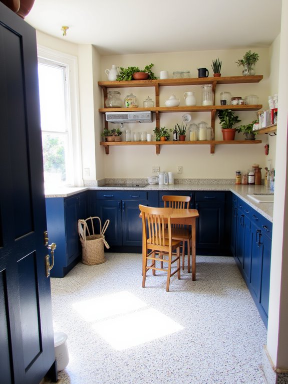 terrazzo enhances blue cabinets