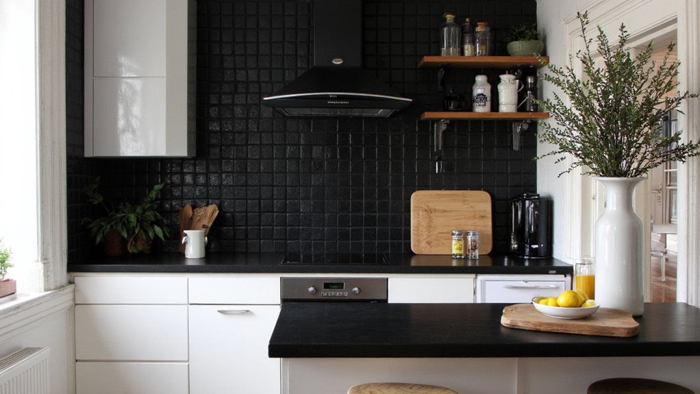 textured black tiles enhance sophistication
