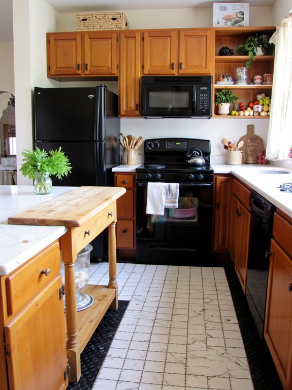 black appliances warm wood