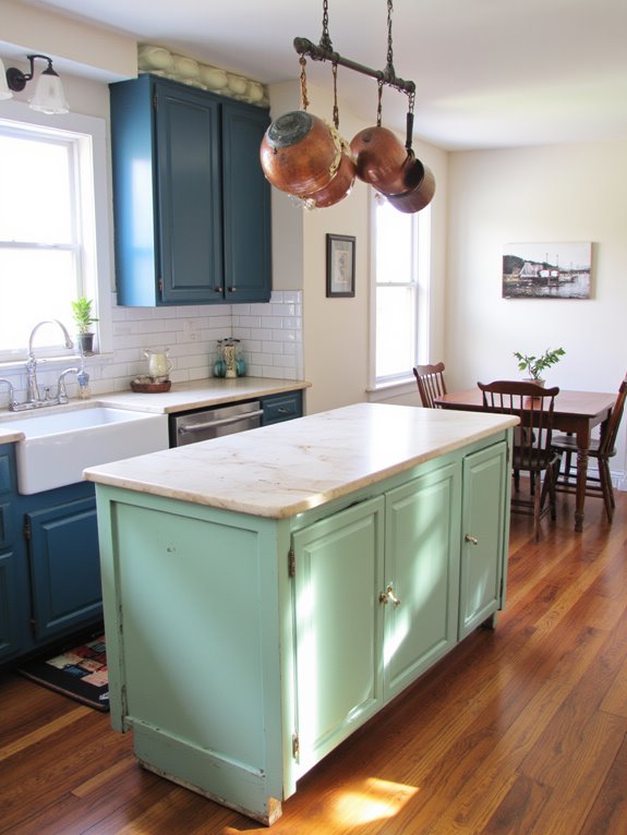 blue green cabinet contrasts