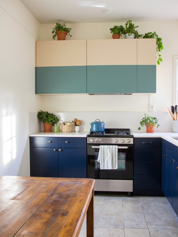 bold color contrasts enhance cabinetry