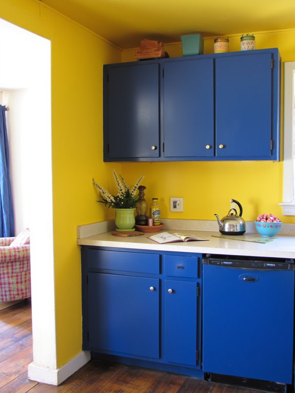 bold yellow energizes blue cabinets