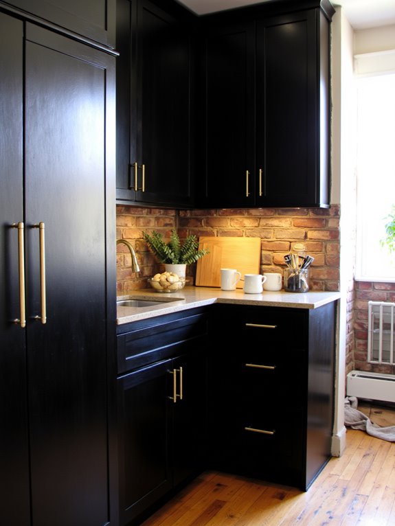 brass accents enhance black cabinets