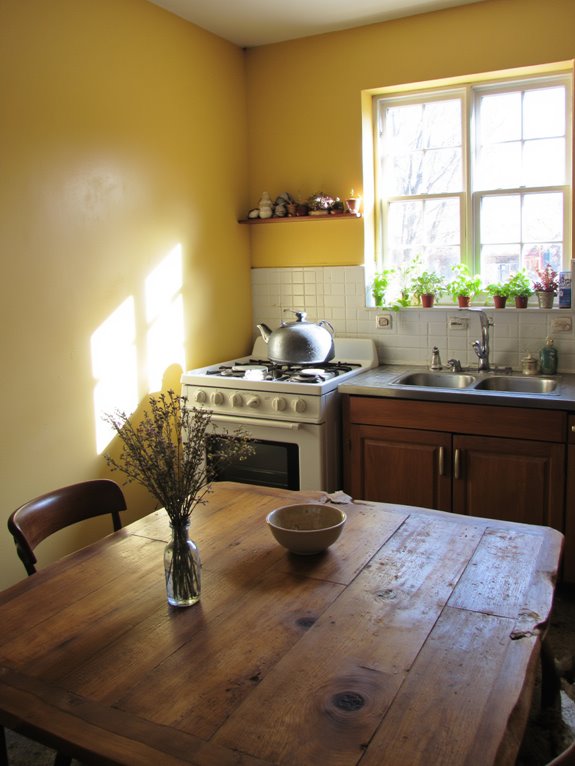 cheerful pale mustard kitchen