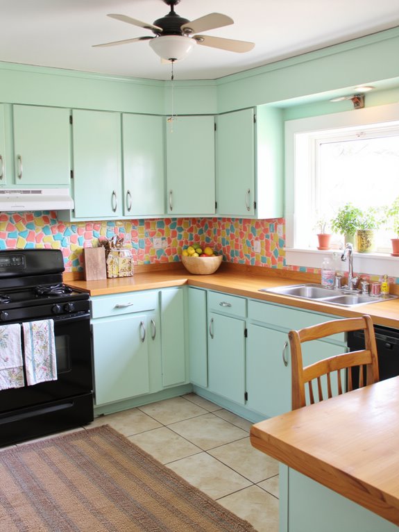 colorful backsplash enhances seafoam