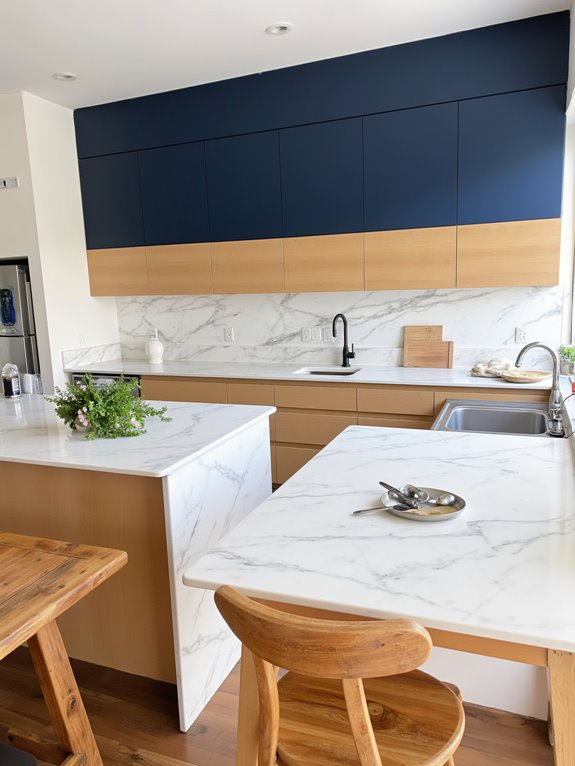 contrasting cabinets enhance depth