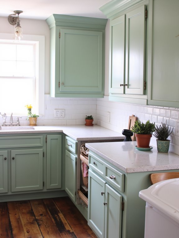 countertops complementing seafoam cabinets