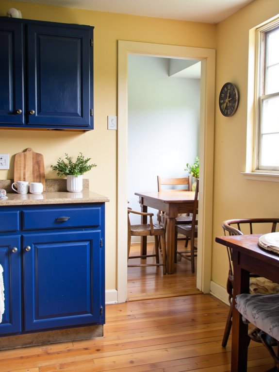 cozy beige complements blue cabinets