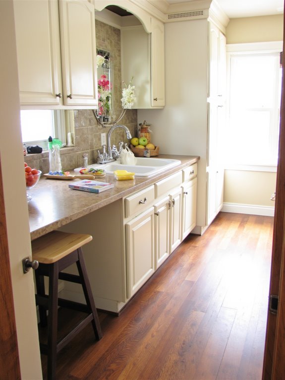 cream cabinets walnut planks