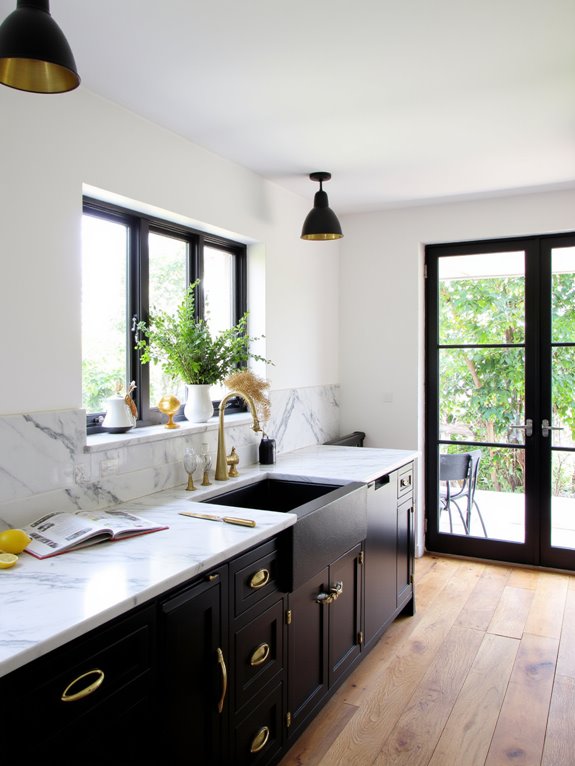glamorous black white gold kitchen