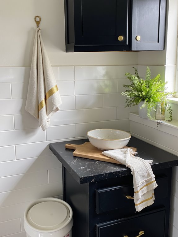 gold accents enhance kitchen textiles