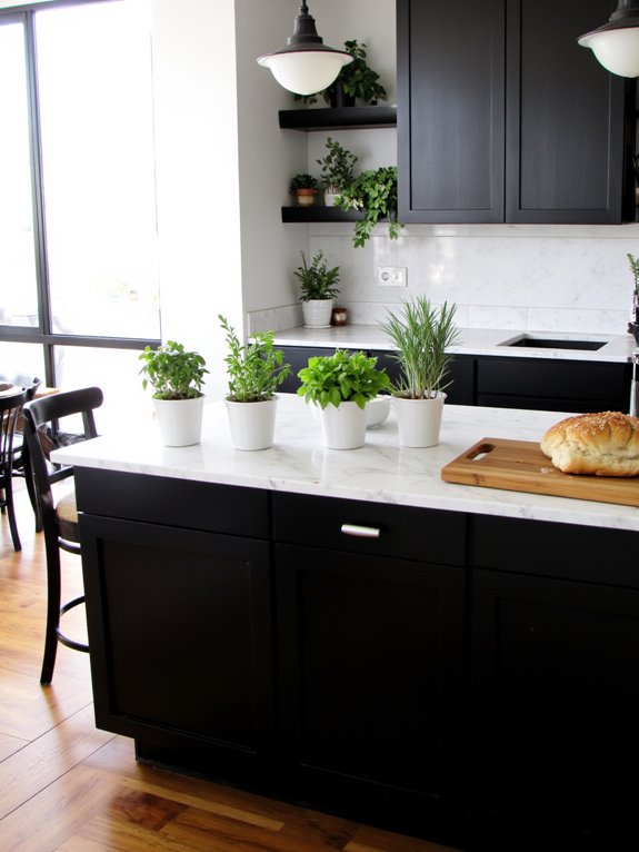 greenery enhances monochrome kitchens