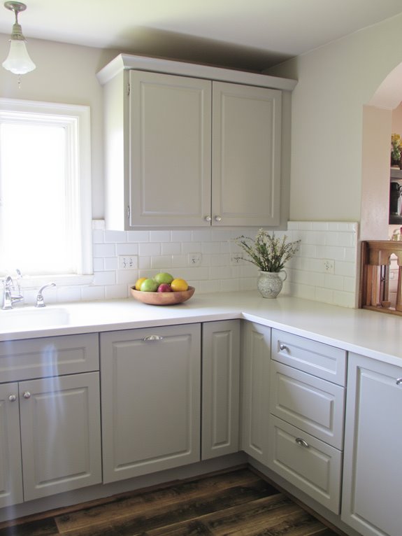 lighting enhances neutral cabinets