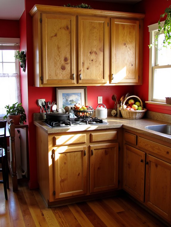 rustic red enhances oak kitchens