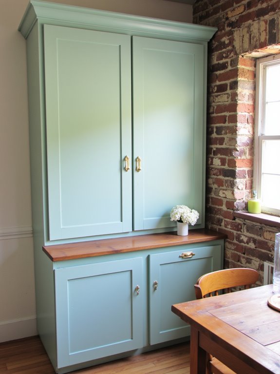 seafoam cabinets with gold
