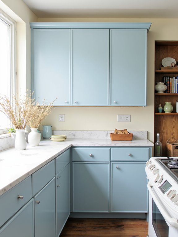 serene soft blue cabinets