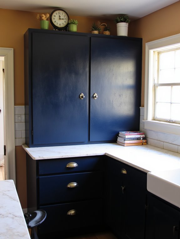sophisticated deep navy cabinets