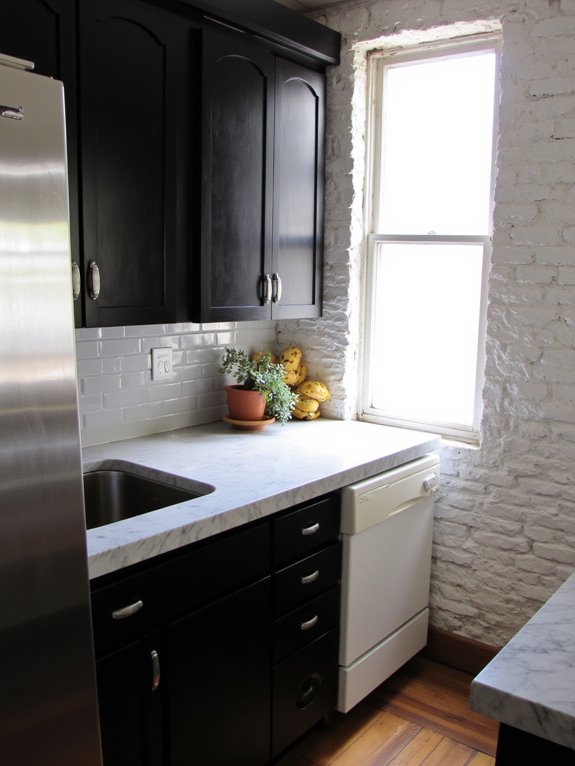 sophisticated stone and cabinets