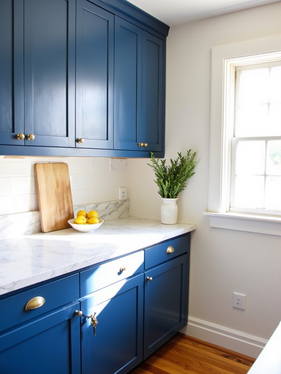 stylish hardware for blue cabinets